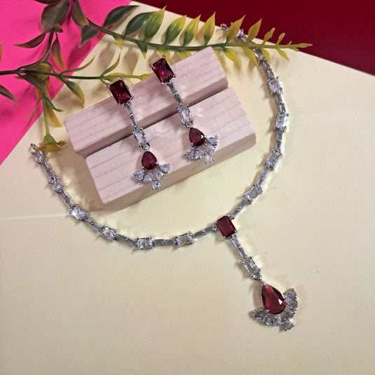 Silver Plated American Diamond Necklace Sets With Pink Stone - Garimas