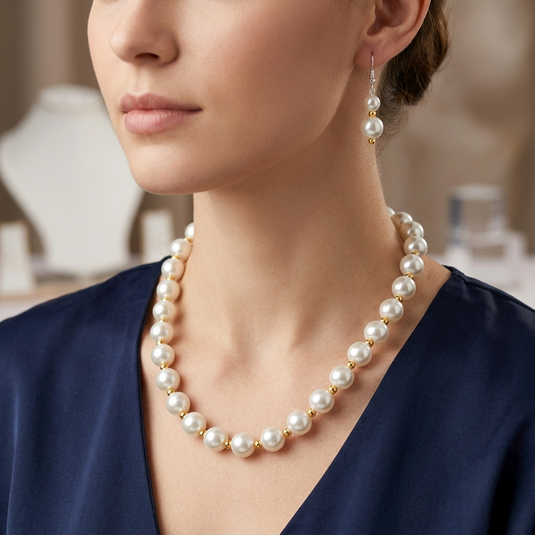 Necklace Set with Pearls and Golden Metallic Beads with Earring