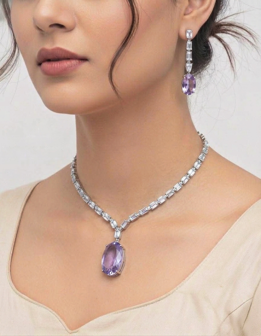 Silver Plated Aqua Purple Stone American Diamond Necklace Sets – product image | Garimas