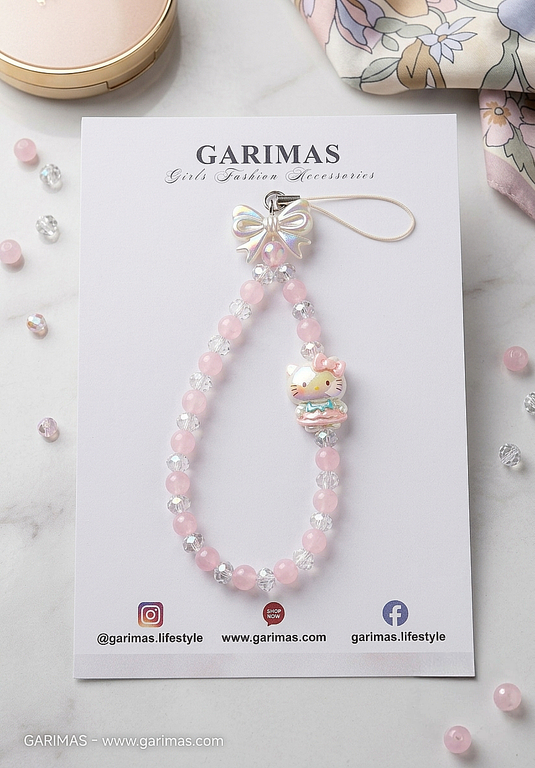 Pink Hello Kitty mobile charm features a beaded wrist strap adorned with an iridescent bow