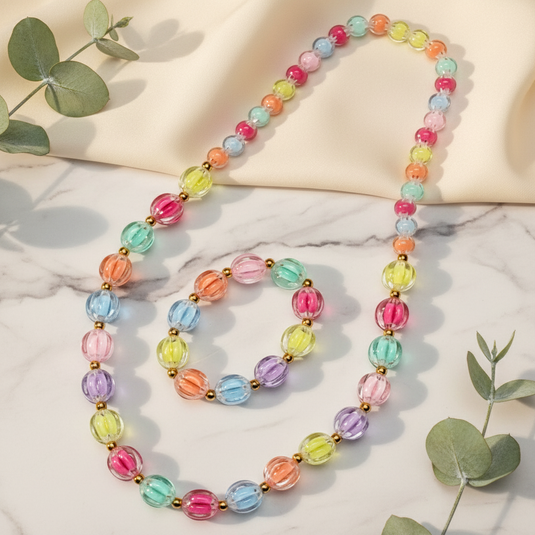 Colorful beaded necklace on a white background