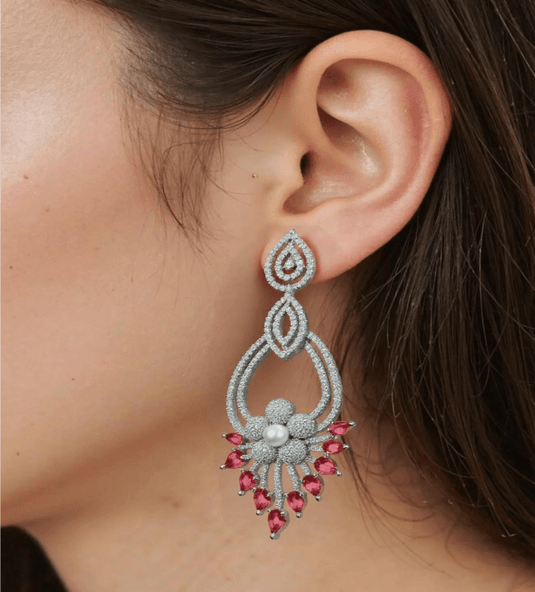 Pink American Diamond Studded Crystal Brass Drops & Danglers - Garimas