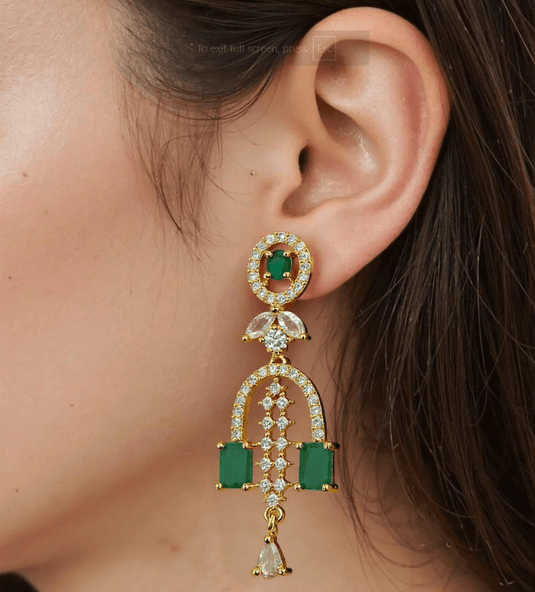 Gold Plated Green Stone with American Diamond Earring - Garimas