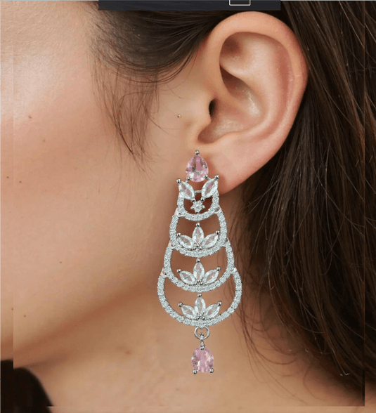 Aqua Pink Stone with American Diamond Earring - Garimas