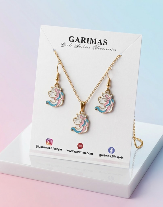 Unicorn Charms Pendant and Earring Set for Girls with Golden Colour Chain