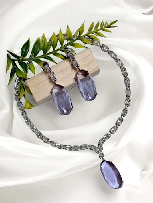 Silver Plated Aqua Purple Stone American Diamond Necklace Sets | Garimas Lifestyle