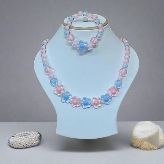 Pink and Blue Glass Beads Necklace and Bracelet Set for Girls | GARIMAS