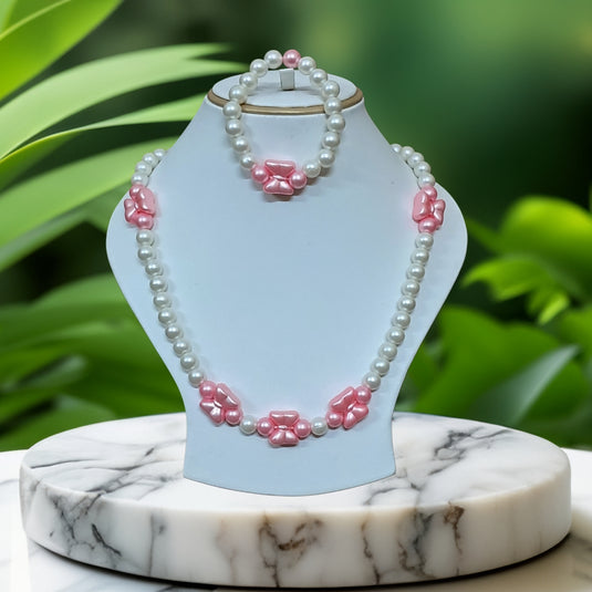 White and Pink Beads Necklace and Bracelet Set for Girls | GARIMAS