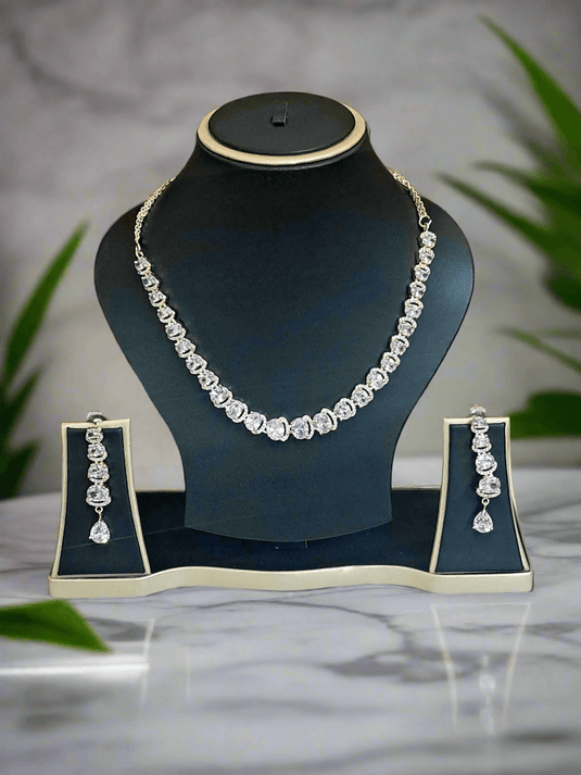 Rose Gold Plated American Diamond Necklace Sets With White Stone | Garimas