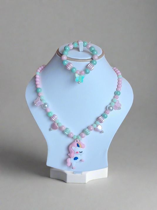 Green and Pink Beads Necklace and Bracelet Set for Girls | GARIMAS