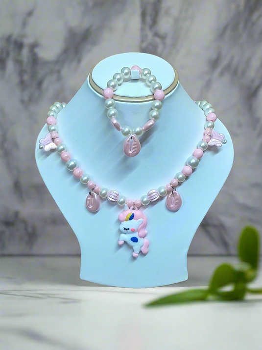 Baby Pink Pearl Beaded Unicorn Necklace and Bracelet Set for Girls | GARIMAS