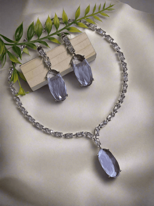 Silver Plated Aqua Purple Stone American Diamond Necklace Sets - Garimas
