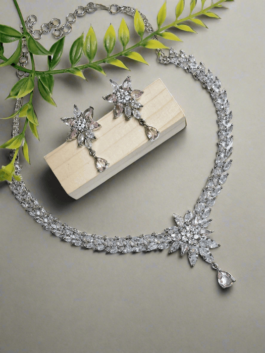 Silver Plated Aqua Pink Stone American Diamond Necklace Sets - Garimas