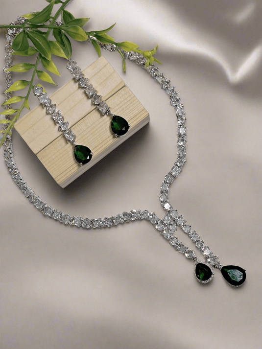 Silver Plated American Diamond Necklace Sets With Green Stone - Garimas