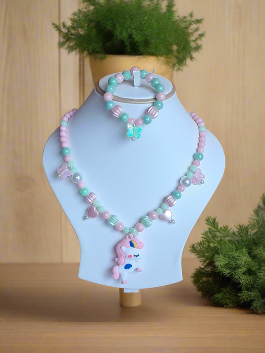 Green and Pink Beads Necklace and Bracelet Set for Girls | GARIMAS