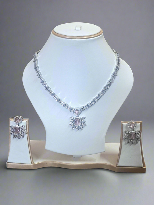 Silver Plated American Diamond Necklace Sets With Aqua Pink Stone - Garimas