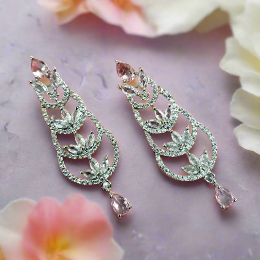 Aqua Pink Stone with American Diamond Earring - Garimas