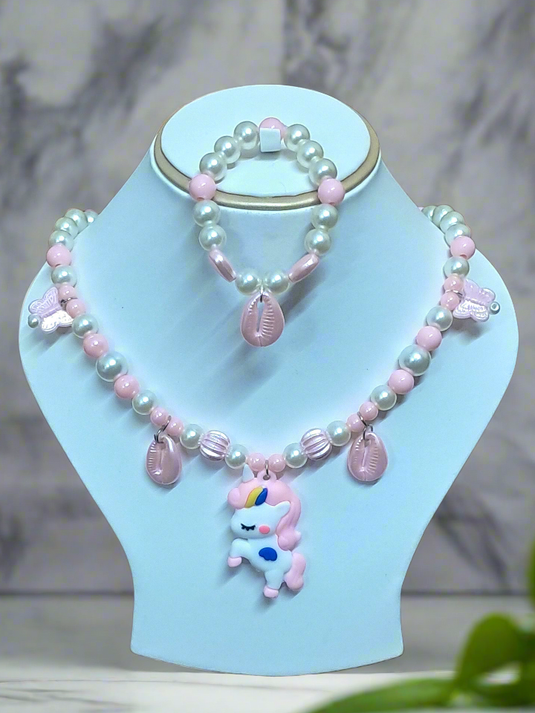 Baby Pink Pearl Beaded Unicorn Necklace and Bracelet Set for Girls | GARIMAS
