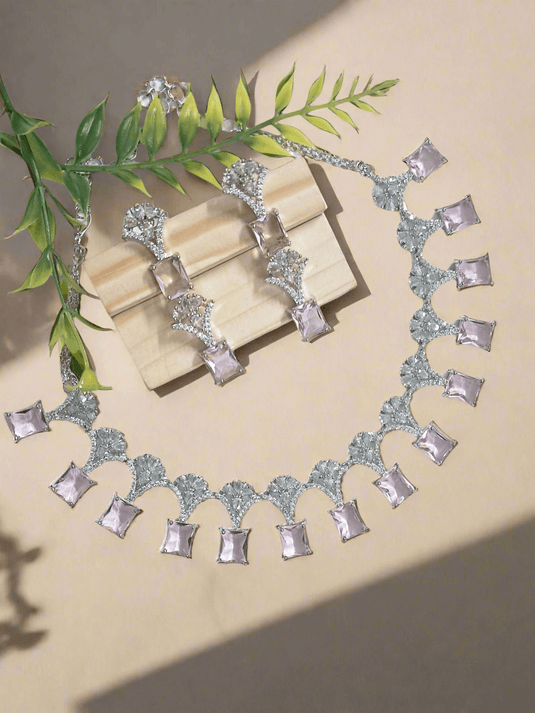 Silver Plated American Diamond Necklace Sets With Aqua Pink Stone - Garimas