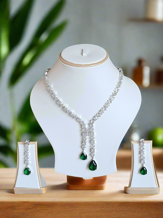 Silver Plated American Diamond Necklace Sets With Green Stone | Garimas