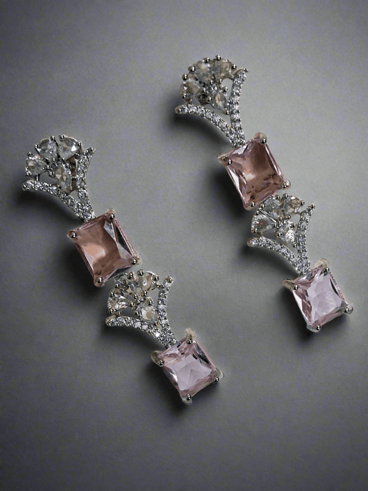 Silver Plated American Diamond Necklace Sets With Aqua Pink Stone - Garimas