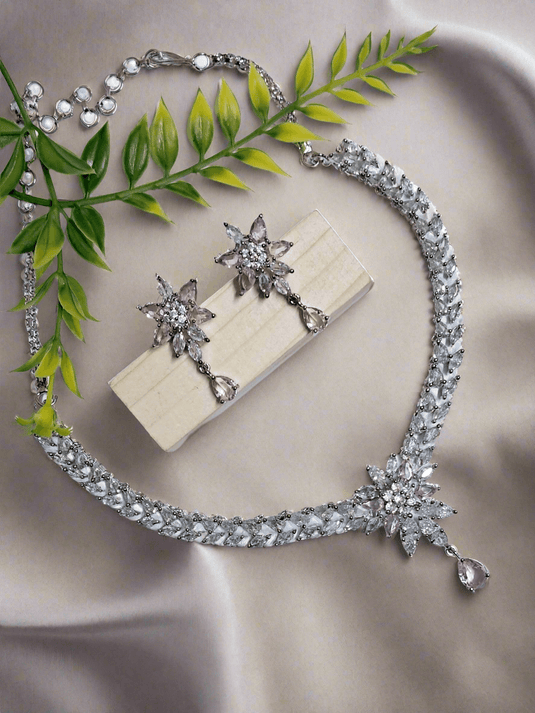 Silver Plated Aqua Pink Stone American Diamond Necklace Sets - Garimas