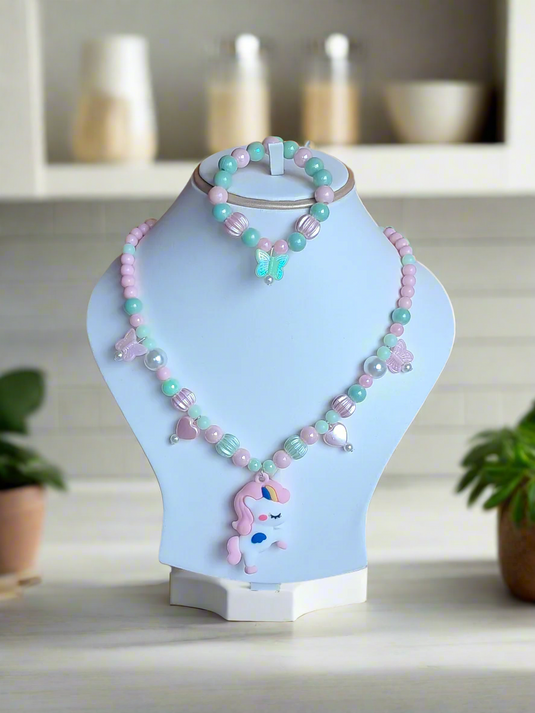 Green and Pink Beads Necklace and Bracelet Set for Girls | GARIMAS