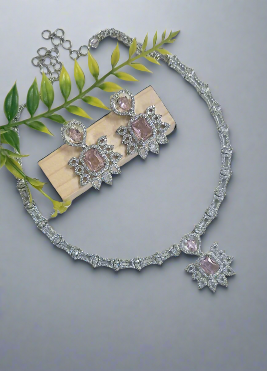 Silver Plated American Diamond Necklace Sets With Aqua Pink Stone - Garimas