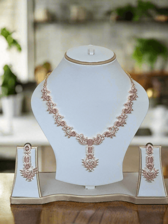 Rose Gold Plated American Diamond Necklace Sets With Pink Stone | Garimas