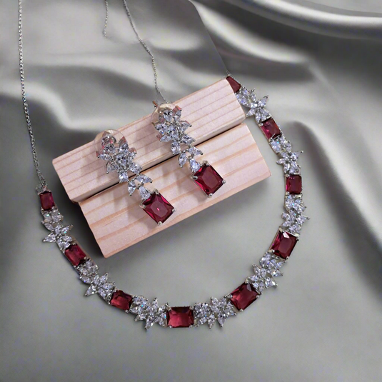 Silver Plated American Diamond Necklace Sets With Red Stone | Garimas Lifestyle