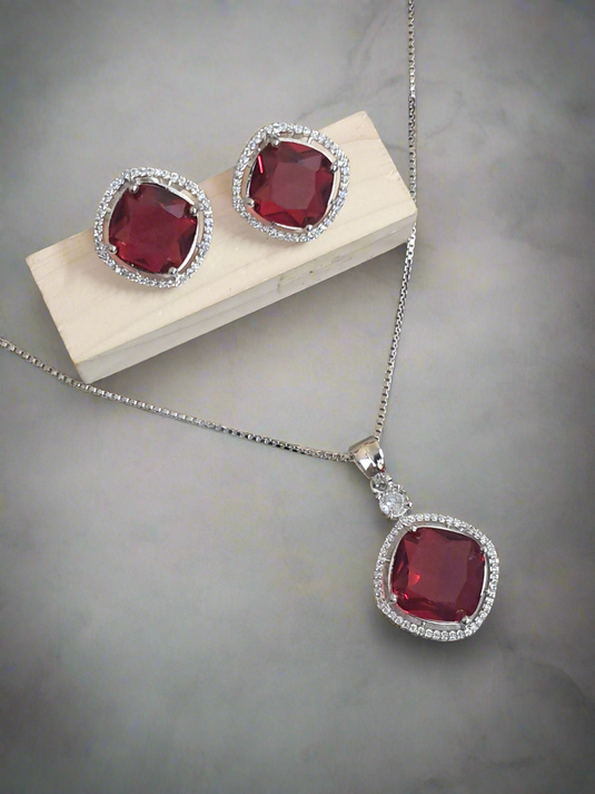 Rhodium-Plated Ruby & CZ Studded Pendant Necklace Set | Garimas Lifestyle