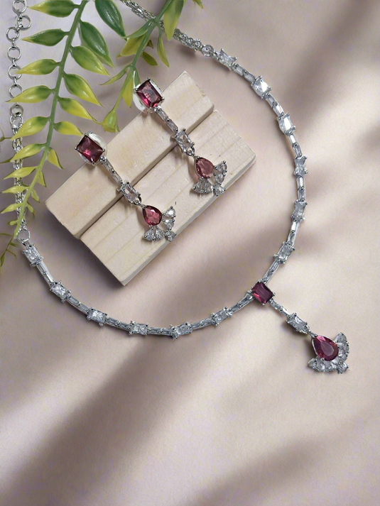 Silver Plated American Diamond Necklace Sets With Pink Stone - Garimas