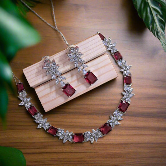 Silver Plated American Diamond Necklace Sets With Red Stone | Garimas Lifestyle