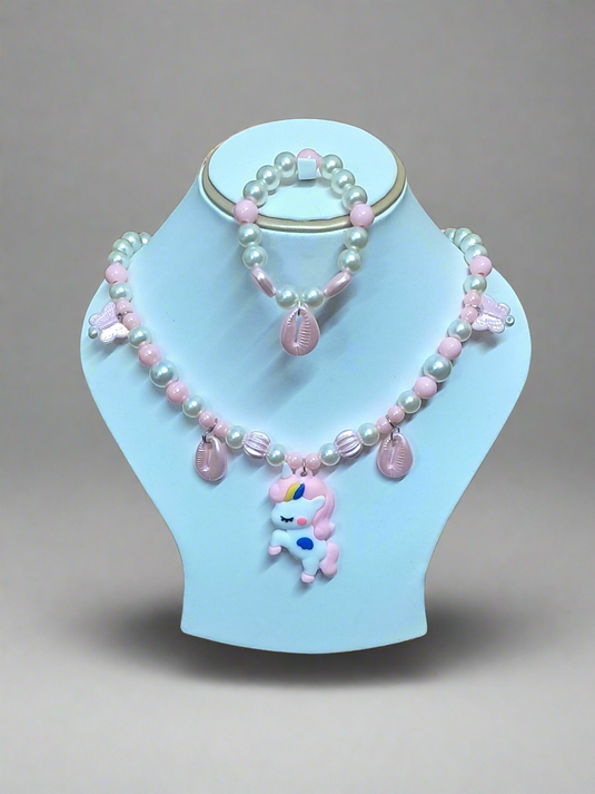 Baby Pink Pearl Beaded Unicorn Necklace and Bracelet Set for Girls | GARIMAS