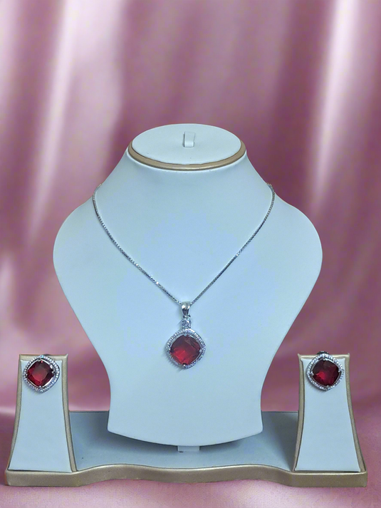 Rhodium-Plated Ruby & CZ Studded Pendant Necklace Set | Garimas Lifestyle