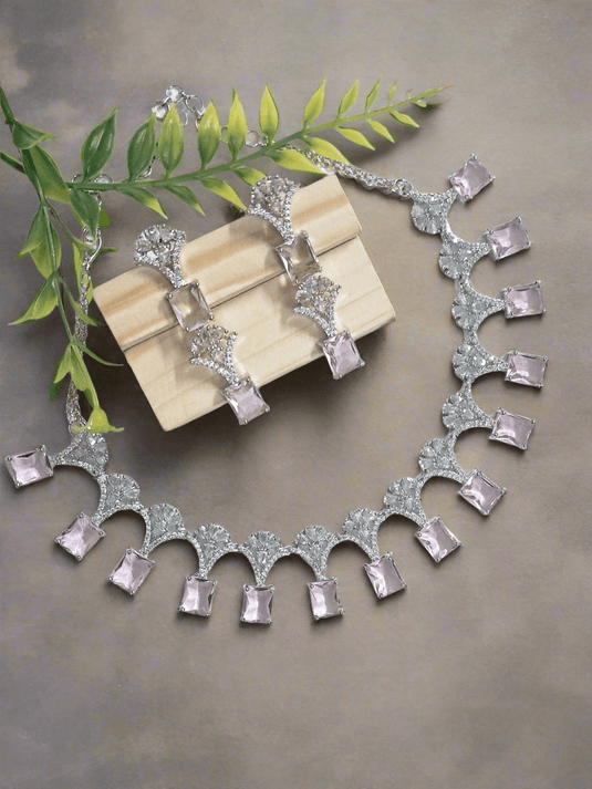 Silver Plated American Diamond Necklace Sets With Aqua Pink Stone - Garimas