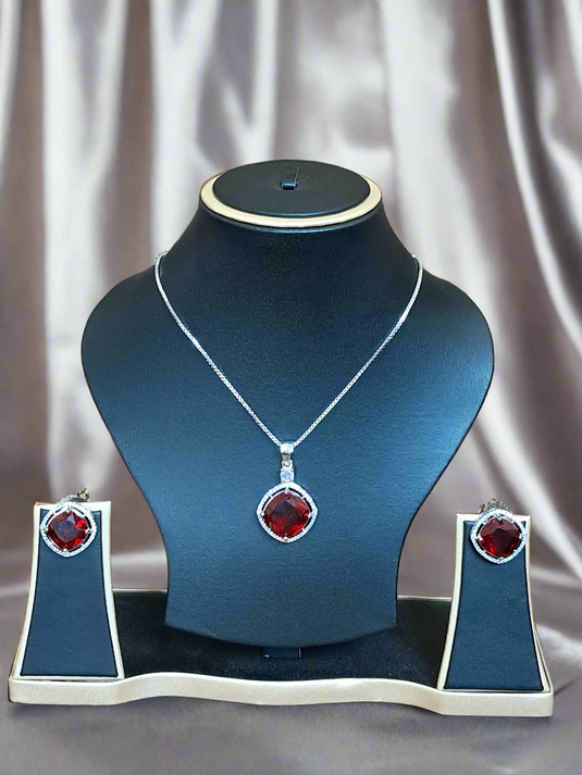 Rhodium-Plated Ruby & CZ Studded Pendant Necklace Set | Garimas Lifestyle