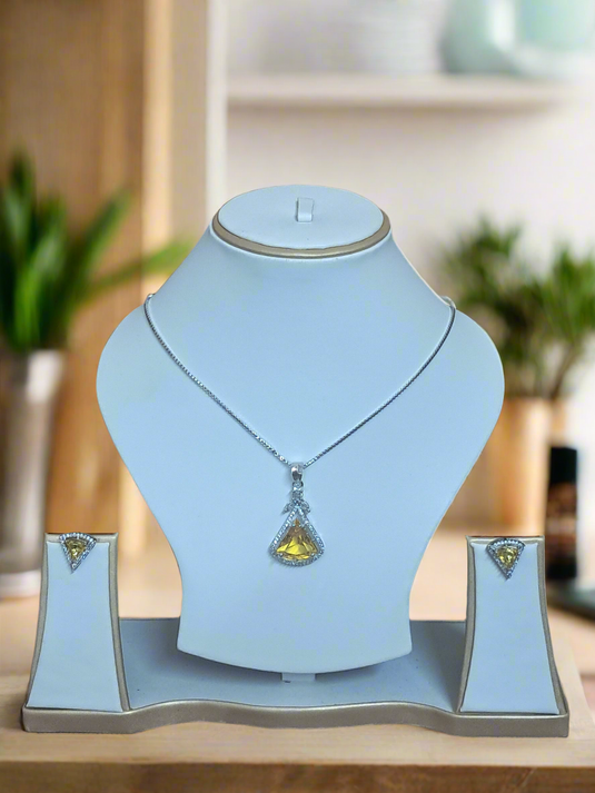 Pendant Set CZ Studded and silver Plated chain Aqua yellow | Garimas Lifestyle