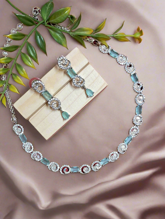 Silver Plated American Diamond Necklace Sets With Aqua Green Stone - Garimas