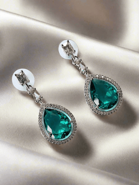 Aqua Green Stone American Diamond Brass Drops - Garimas