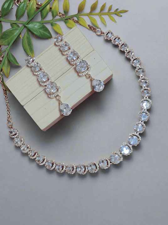 Rose Gold Plated American Diamond Necklace Sets With White Stone - Garimas