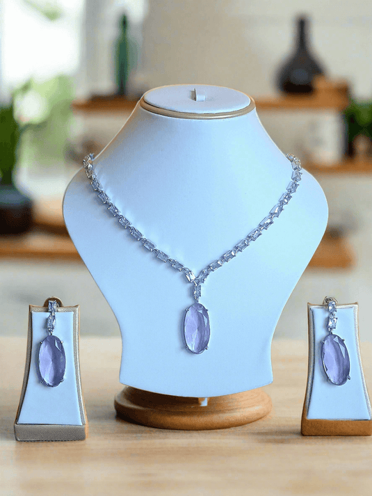 Silver Plated Aqua Purple Stone American Diamond Necklace Sets | Garimas Lifestyle