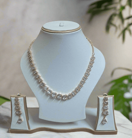 Rose Gold Plated American Diamond Necklace Sets With White Stone | Garimas