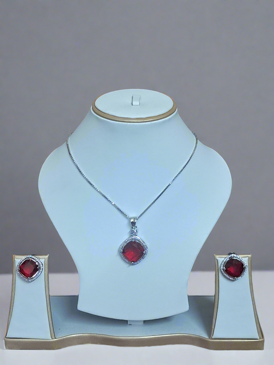 Rhodium-Plated Ruby & CZ Studded Pendant Necklace Set | Garimas Lifestyle