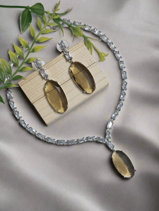 Silver Plated Aqua yellow Stone American Diamond Necklace Sets - Garimas