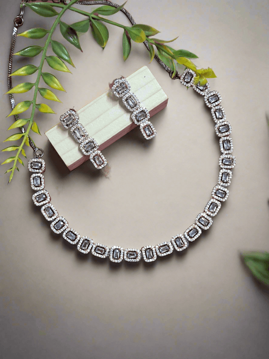 Black Rose Gold Plated American Diamond Necklace Sets With White Stone - Garimas