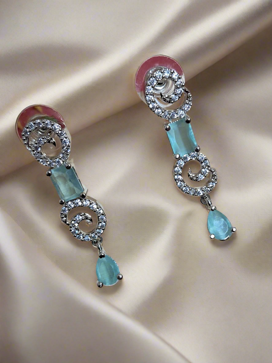 Silver Plated American Diamond Necklace Sets With Aqua Green Stone - Garimas