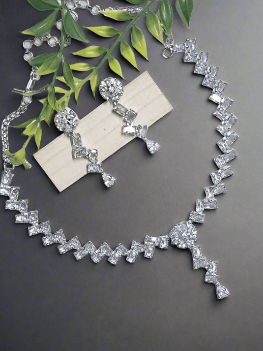 Silver Plated American Diamond Necklace Sets With White Stone - Garimas