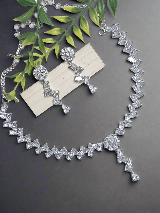 Silver Plated American Diamond Necklace Sets With White Stone - Garimas