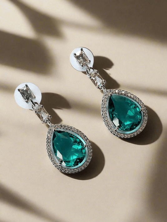 Aqua Green Stone American Diamond Brass Drops - Garimas